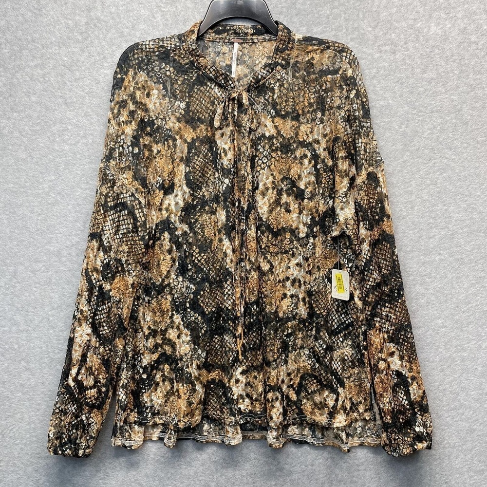 Free People Out‎ For The Night Top Womens Medium Snake Print Mesh Blouse Brown